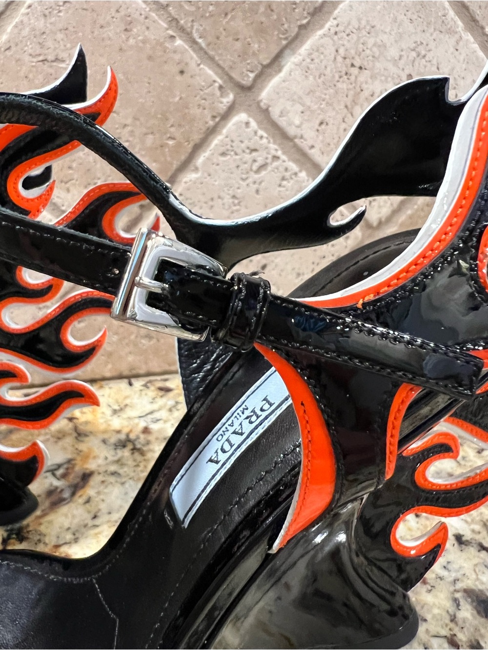 Prada 2018 Flame Detail Black Patent Leather Wedge Sandals w/ Orange Flame - Picture 9 of 14